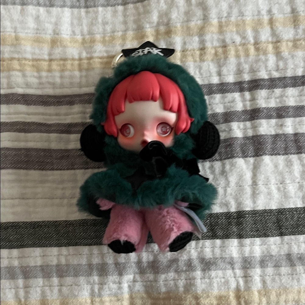 SkullpandaDoll Keychain with Green Faux-Fur Hood